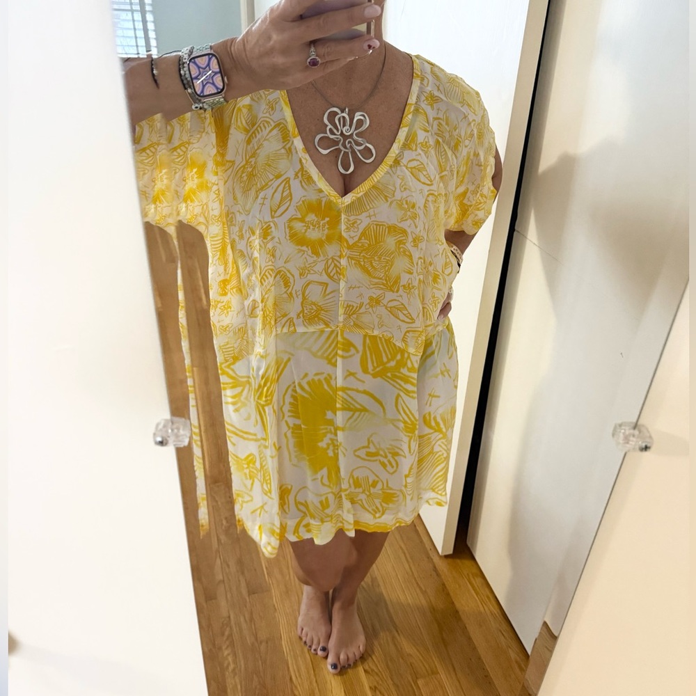 Anthropologie Lilka Nadyia Printed Caftan XS | Yellow Semi Sheer Beach Cover Up - Picture 6 of 15